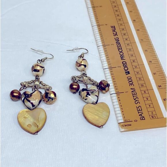 Vintage Earrings Gold/Brown Tone Mixed Media Mother of Pearl Aurora Borealis - Picture 5 of 6